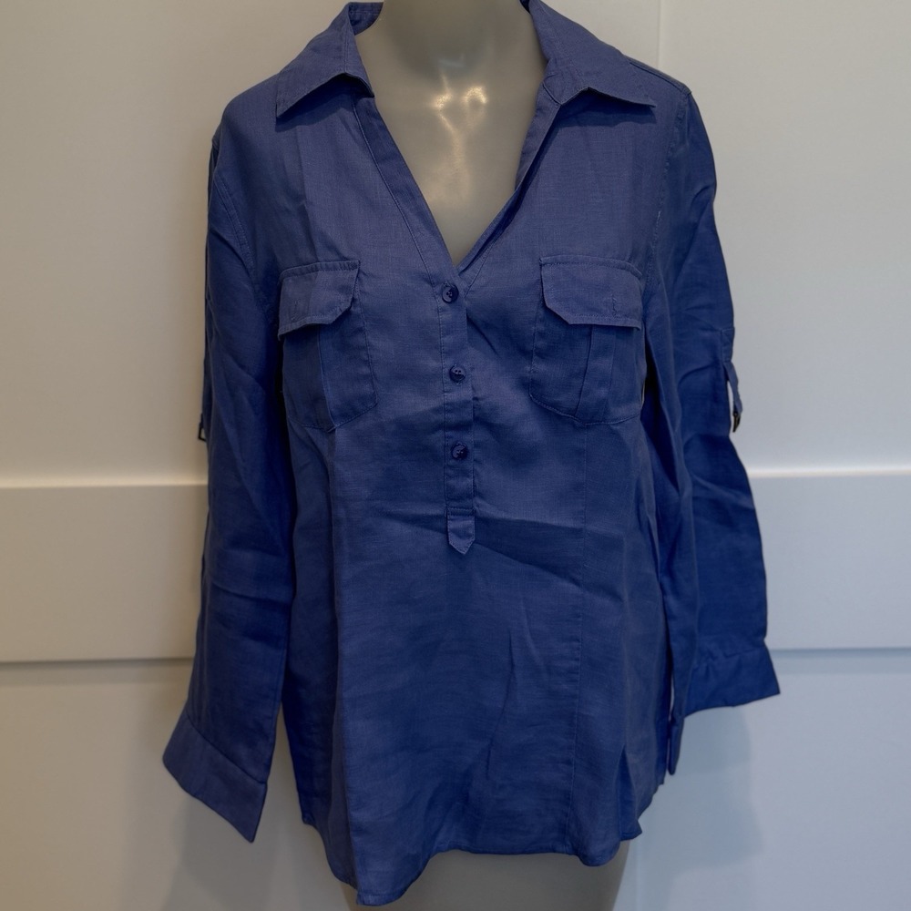 Azulu 100% Linen Roll Tab Sleeve Women's Blouse Size MED